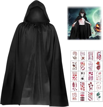Halloween Kostuum Set met Zwarte Cape en Kap voor Dunne Mannen met 20 Halloween Tattoos voor Vampier Cosplay en Feestjes voor Kinderen van 4-12 Jaar