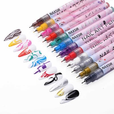 NAXSIR 12 Kleurige Nagellak Pennen met Ingebouwde Verf | Oplosbare Waterproof Designpennen voor Nail Art | Strepen/Vlammen/Geometrie Patronen | Fijne 0.5mm Punt voor Professioneel Resultaat​