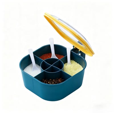 longziming -Voedselkwalitatief Plastic Kruidenbox Set - 4-compartimenten Blauw Met 4 Lepels