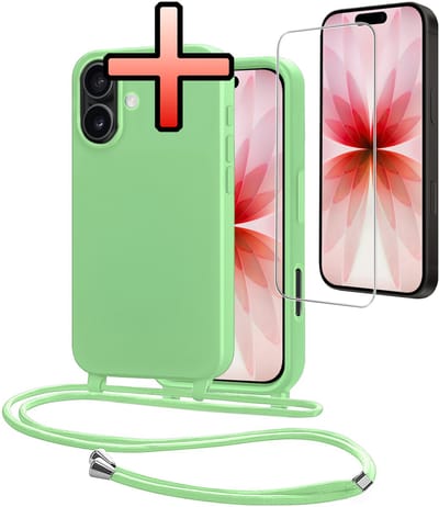 Hoes Geschikt voor iPhone 17 Met Telefoonkoord Met Screenprotector - Siliconen Hoesje Backcover Met Ketting - Groen