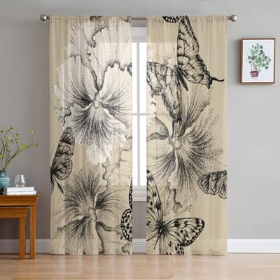 Retro Vlinder Bloem Transparante Gordijnen voor Woonkamer Transparante Tule Raambekleding Slaapkamer Keuken Huisdecoratie Sluier Gordijnen 135W x 114H(cm) gray