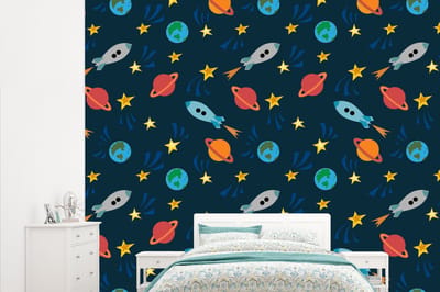 Behang - Fotobehang Patronen - Aarde - Ruimte - Raket - Jongens - Kinderen - Jongetje - Kids - Breedte 315 cm x hoogte 260 cm