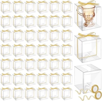 50 Stuks Duidelijke Cadeauboxen 10x10x10cm met 50m Gouden Verpakking voor Bekers, Feestjes en Bruiloften