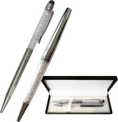 Swarovski Stijl Pen en Stylus Zilver - In Cadeauverpakking - Met 500+ Swarovski Kristallen Diamanten - Zwarte inkt - Pennenset - Stylusset