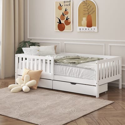 Sunny Isa Kinderbed – Met 2 Opberglades – Kajuitbed met Uitvalbeveiliging - 206 x 98 cm – Peuterbed Meisjes en Jongens – FSC 100% Hout – Met Lattenbodem - Exclusief Matras – Wit
