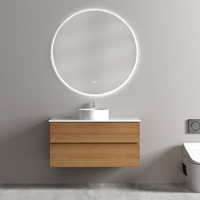 Badkamermeubel met Waskom Eiken 100 CM en Ronde LED Badkamerspiegel 100 CM - Complete Badkamermeubelset - Vestland