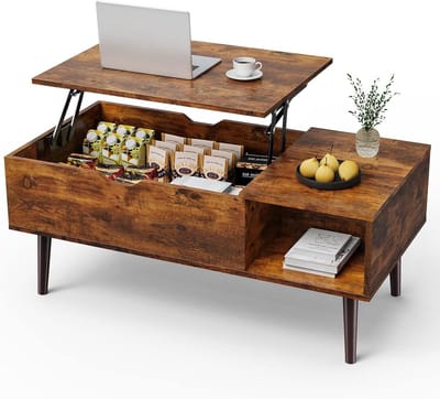 Sweetcrispy Salontafel in hoogte verstelbaar, tafel woonkamertafel, open en verborgen opbergruimte, salontafel, bijzettafel, 100 x 50 cm, houten banktafel voor woonkamer, bruin