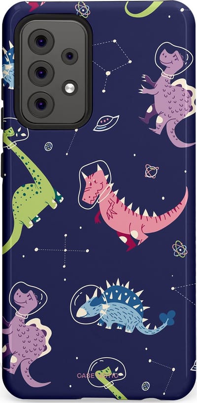 Casetastic hoesje geschikt voor Samsung Galaxy A52 (2021) 5G / Samsung Galaxy A52 (2021) 4G - Dubbellaagse bescherming - Rex in de ruimte - Fashion Case - Donkerblauw Donkergrijs