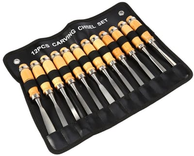 Dailygoods- Steekbeitelset 12 Stuks - Hout Snijgereedschap - Hoogwaardig Hout - Gehard Staal - Oprolbare Koffer - Professioneel en Amateurs - Houtsnijgereedschap