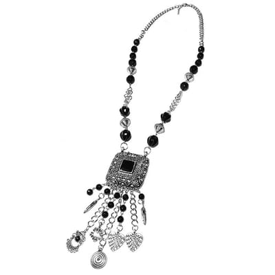 Lange Ketting met Vierkante Hanger Zilver/Zwart