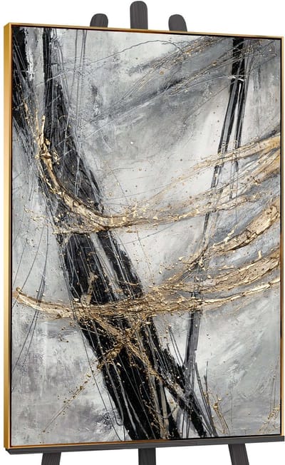 Canvas schilderij groot handgeschilderd gouden lijn abstract minimalistisch – YS-Art Gallery – Stijlvolle wanddecoratie voor woonkamer – Modern schilderij voor slaapkamer en kantoor