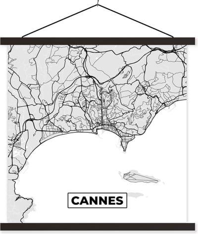 Posterhanger incl. Poster 60x60 cm - Schoolplaat - Cannes - Plattegrond - Frankrijk - Kaart - Stadskaart - Textielposter - Zwarte latten - Stadskaart