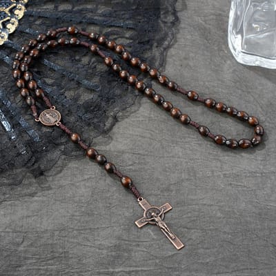 Collier de perles de prière ovales en bois minimaliste vintage fait à la main avec un magnifique pendentif croix, parfait pour la dévotion religieuse, cadeau de vacances gray