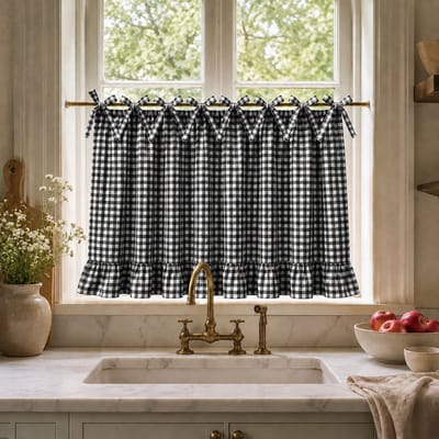 Qelus Buffalo Plaid Valletje - Tie-Up Keukengordijn - 77x55cm - Gingham Gordijn - strikbanden - ruffle rand - verstelbaar - voor keuken - RV - Zwart - 1 Stuk