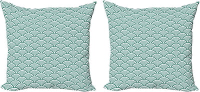 ABAKUHAUS Sierkussenhoes in turquoise, set van 2, Seigaiha-schubb 50x50 cm, jadegroen wit
