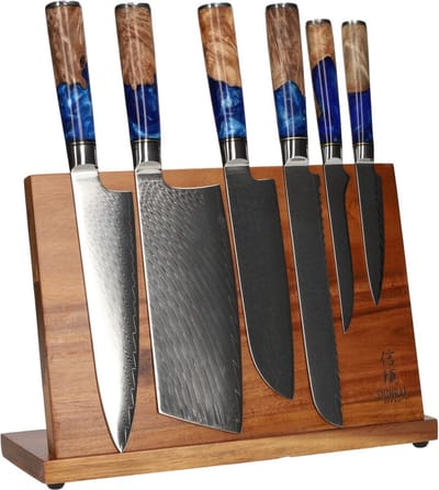Shinrai Knives - Messenset met Blok - 6 delig - Messen met Messenblok - Epoxy Sapphire Damascus - Magnetisch Messenblok Enkelzijdig - Met Luxe Geschenkdoos - Messenhouder - Keukenmes - Koksmes
