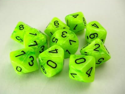 Chessex Vortex Helder Groen/Zwart D10 Dobbelsteen Set (10 stuks)