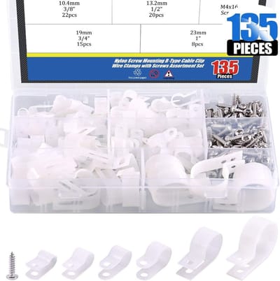 Famanu – 135 stuks nylon R-type kabelclips met schroefmontage - 6 maten van 1/4 tot 1 inch - inclusief 132 schroeven - voor draad- - kabel- en leidingbeheer (wit)