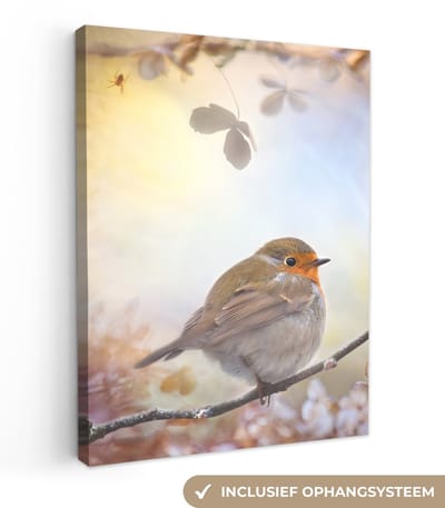 Canvas schilderij 30x40 cm - Wanddecoratie Vogel - Tak - Bladeren - Abstract - Muurdecoratie woonkamer - Slaapkamer decoratie - Kamer accessoires - Schilderijen op canvas