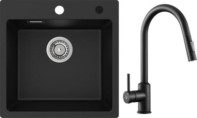 CECIPA max Spoelbak Keuken 45x45cm - Graniet Spoelbakken Met Keukenkraan Met Uittrekbare Uitloop Zwart - Graniet Enkele spoelbak - Spoelbakken met Afdruip - Antraciet