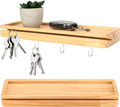 Ultiluxe® Sleutelplank met haken - Plankje voor sleutels - Houten sleutelhouder met plank - Sleutelhaken - Organizer voor sleutels - 30 x 9.5 x 3 cm - Beige/bruin