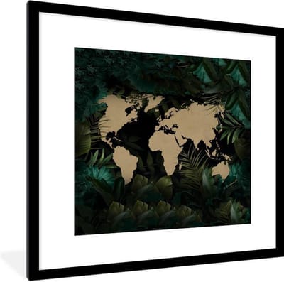 Poster in lijst - Fotolijst 40x40 cm - Posters - Wereldkaart - Bruin - Bloemen - Posterlijst zwart - Decoratie - Wanddecoratie woonkamer - Muurdecoratie slaapkamer