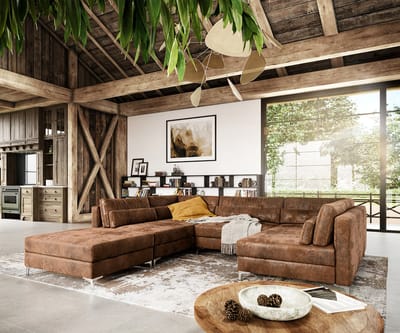 Sofa Elio kunstleer vintage bruin vintage 300x185 cm met poef woonlandschap
