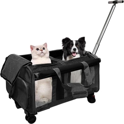 Huisdierdraagtas voor 2 Katten/Honden, met 2 Compartimenten + 4 Wielen + Telescopisch Handvat, Opvouwbare Grote Kattendraagtas tot 20 kg, Ideaal voor Dierenartsbezoeken, Autoreizen (Zwart)