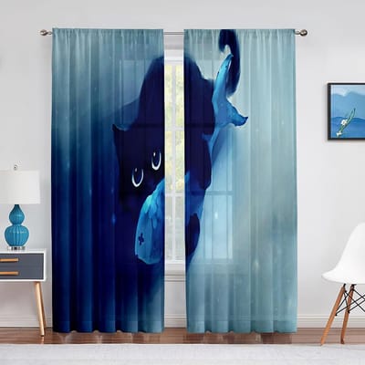 Schattige Kat Goudvis Fantasy Kunst Kleurrijke Tule Gordijnen voor Huis Raamdecoratie Slaapkamer Keuken Modern Chiffon Transparant Voile Gordijn 1 PCS W100XH250cm&Grommet Top