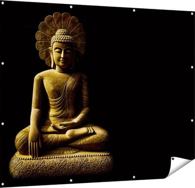 Gards Tuinposter Gouden Boeddha Beeld in Meditatie - 150x120 cm - Tuindoek - Tuindecoratie - Wanddecoratie buiten - Tuinschilderij