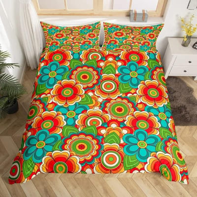 Retro jaren 70 Hippie Stijl Dekbedovertrek Queen Microfiber Psychedelisch Paddenstoelen Beddengoed Set Kamer Decoratie Cadeaus Regenboog Bloemen Dekbedovertrek AU Double(180*210cm)3pcs