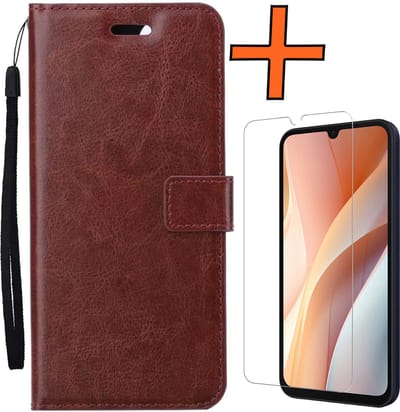 Hoes - Met Screenprotector - Geschikt voor Samsung Galaxy A15 - Luxe Pasjeshouder - Bookcase Portemonee - Flip Case - Kunstleer Book Case - Flipcase - Book Cover - Walletcase - PortemonneeHoes - Bruin