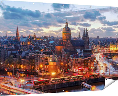Gards Tuinposter Amsterdam Centrum Luchtfoto Zonsondergang - 180x120 cm - Tuindoek - Tuindecoratie - Wanddecoratie buiten - Tuinschilderij