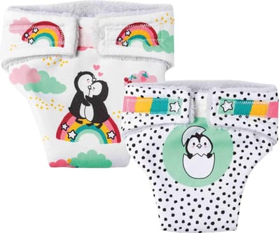 Stoffen luiers voor poppen in pinguïn stippendesign - 2 stuks, maat 28-35 cm