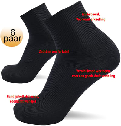 Nakkie's - Korte medische sokken - 6 paar - Zwart - Maat 47/50 - wijde boord - Diabetes sokken - Quarter sokken - Lage sokken - Korte sokken