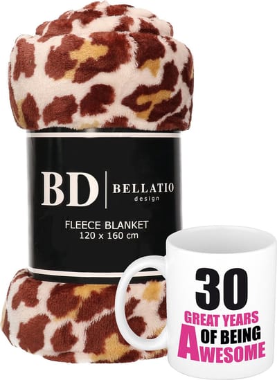 Cadeau verjaardag 30 jaar vrouw - Fleece plaid/deken panter print met 30 great years awesome mok