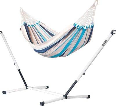 Katoenen eenpersoons hangmat 140 cm met stalen standaard - comfortabele relax hangmat voor binnen en buiten