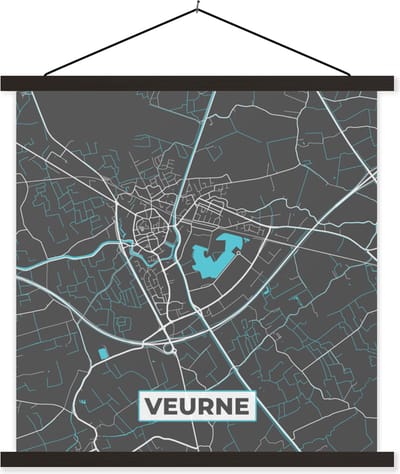 Posterhanger incl. Poster 60x60 cm - Schoolplaat - Stadskaart – Grijs - Kaart – Veurne – België – Plattegrond - Textielposter - Zwarte latten - Stadskaart