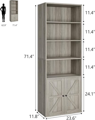 Boekenkast- opbergrek met 4 planken- opbergmeubel met 2 vakken en 2 deuren- voor kantoor- slaapkamer- woonkamer- 60x30x181cm- grijs