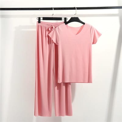 Nieuwe Lente- en Zomer Dames Pyjama Set Modal Korte Mouwen Broek Tweedelige Set V-hals T-shirt Dunne Casual Huispak Pyjama 2XL pink