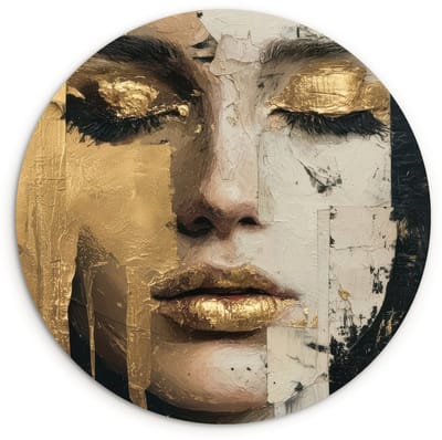 WallCircle® Wandcirkel 120x120 cm - Muurcirkel Abstract - Goud - Gezicht - Lippen - Muurdecoratie woonkamer - Wanddecoratie slaapkamer - Kamer decoratie accessoires - Ronde schilderijen XXL