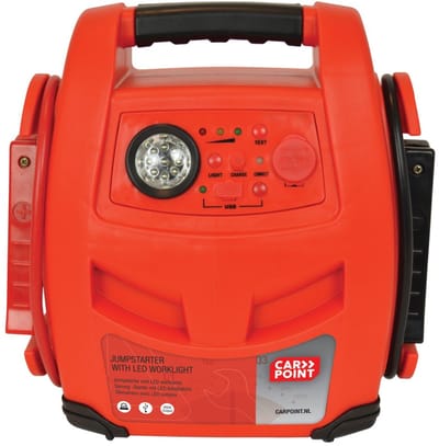 Carpoint Jumpstarter – 12 Volt – Continue vermogen 400A - Piekvermogen 900A – Opladen met 230 Volt of 12 Volt adapter – USB poort voor opladen accessoires - LED verlichting – Afmeting 315x316x174 mm