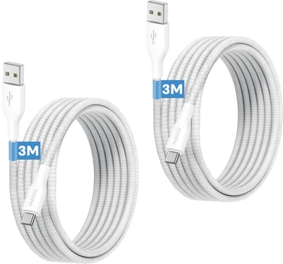2x oplaadkabel - Usb C naar usb A - data & oplaad kabel - 3 meter - Stevig nylon - Wit - Phreeze