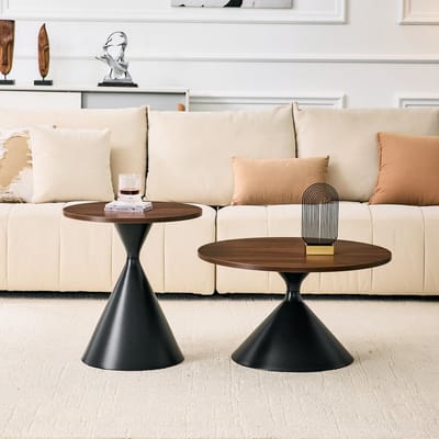 Zandloper-serie 2-delige set salontafels met opvallende kegelvorm, melamine tafelblad in notenhoutlook + zwarte metalen voet, ruimtebesparend stapelbaar, ideaal voor woonkamer, slaapkamer & kantoor