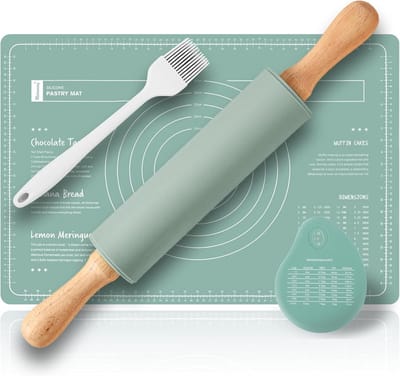 Famanu – Bakset met houten deegroller en siliconen bakmat – 4-delig – Inclusief kwast en deegschraper – Groen