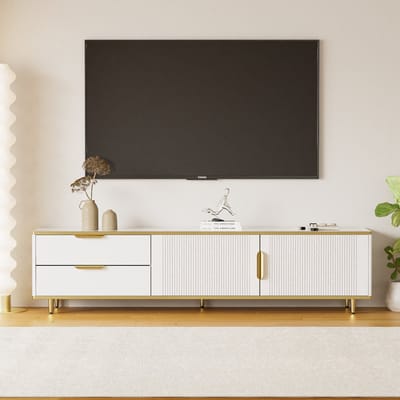 Sweiko TV-kast - 2 lades - Metalen poten - Marmerlook - Spaanplaat - Wit + Goud