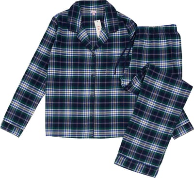 La V Flanel pyjamaset voor dames met geruit patroon Donkerblauw/Groen S