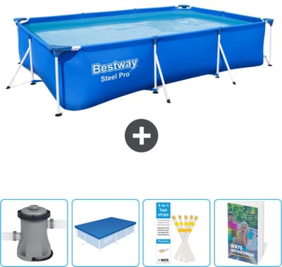Bestway Rechthoekig Steel Pro Zwembad - 300 x 201 x 66 cm - Blauw - Inclusief Pomp - Afdekzeil - Testrips - Zwembadgids