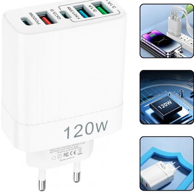 USB Oplader 120W – 5 Poorten – Snellader voor iPhone, Samsung, Xiaomi, Huawei – Compact & Veilig – Reislader – Universele USB Snellader - Wit