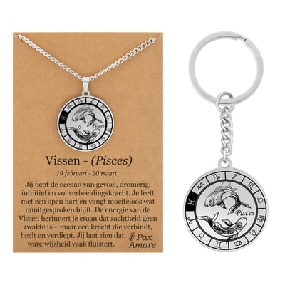 Sterrenbeeld Vissen / Pisces Ketting + Sleutelhanger - Zilverkleurig - Stainless Steel op Cadeau Kaartje- 60cm - Pax Amare
